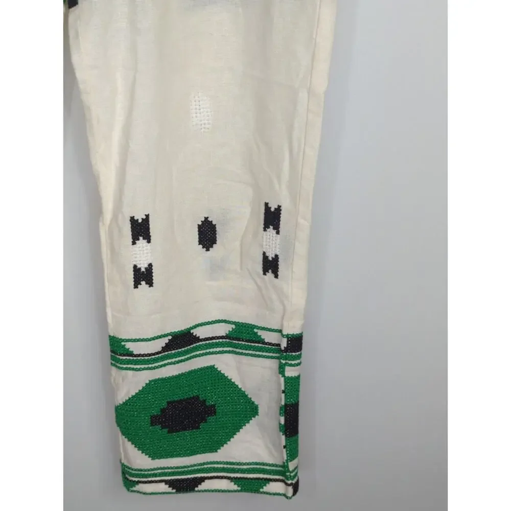 Zara White‎ & Green Geometric Embroidered Linen Pants Small Coastal Bohemian